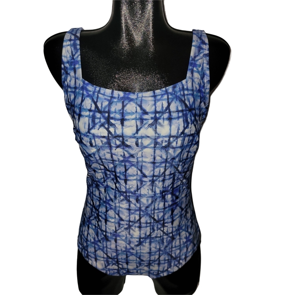 Speedo Blue And White Patterned Square Neck Swimsuit Size 12